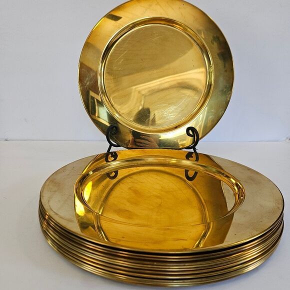 Vintage MCM Set of 6 Scanmalay's Made In Denmark Solid Brass Charger Plates - Picture 7 of 10